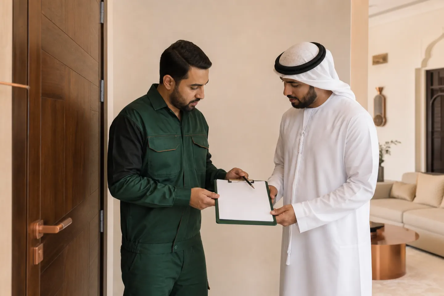 مشرف أساس دبي يراجع محضر استلام صيانة منزل بعد التنفيذ